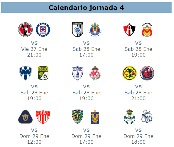 Calendario de la jornada 4 del clausura 2017 del futbol mexicano